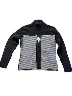 Men's Sweater Wool Black Gray Argyle Turtleneck Ribbed Vintage Made In Italy